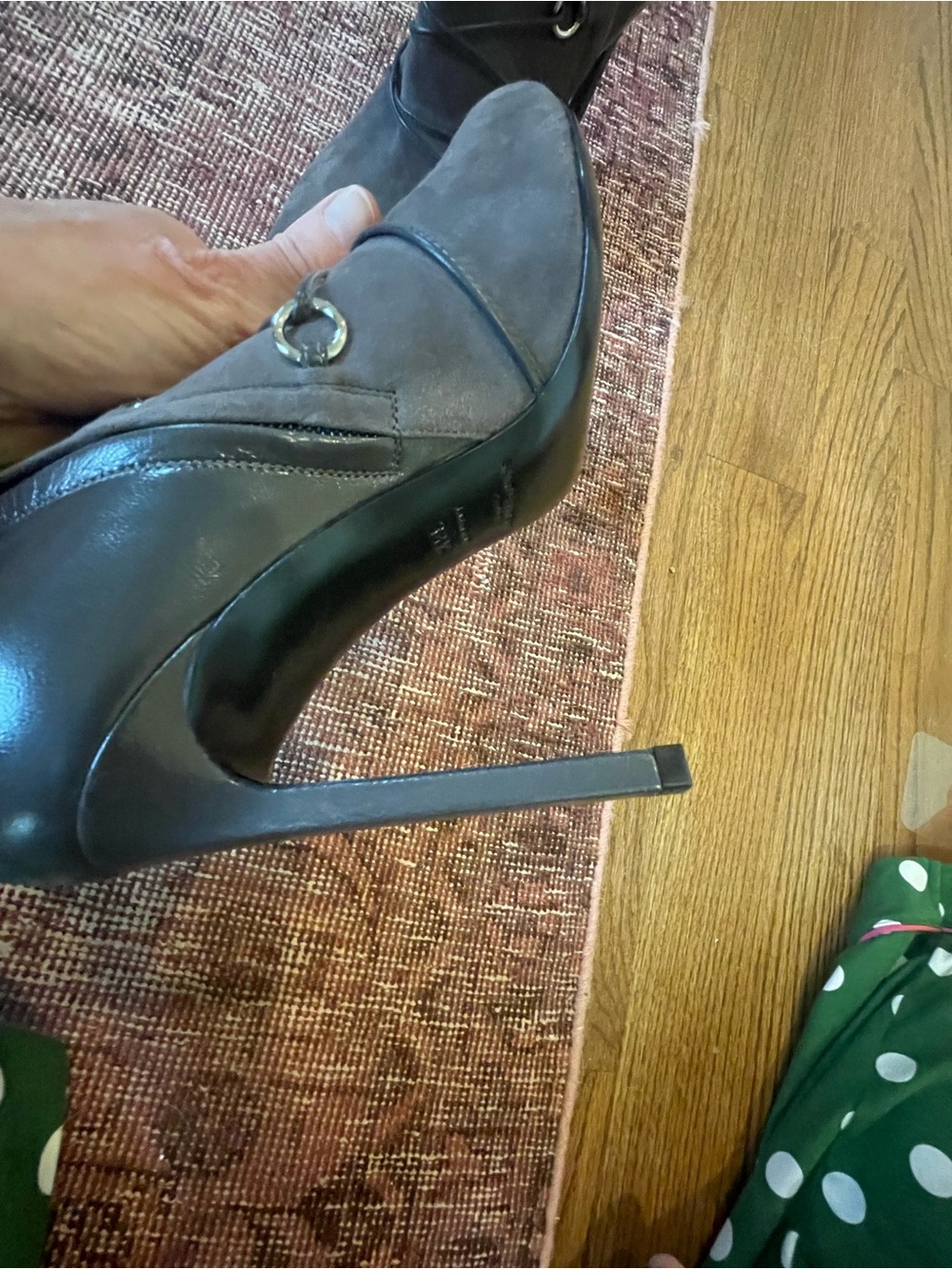 Yves Saint Laurent Gray Suede and Black Leather Stiletto Heels with Metal Ring